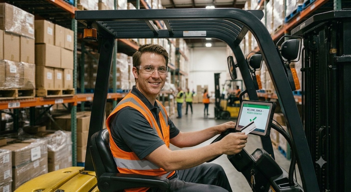 A forklift driver taps his access card on a mounted tablet and is instantly logged in